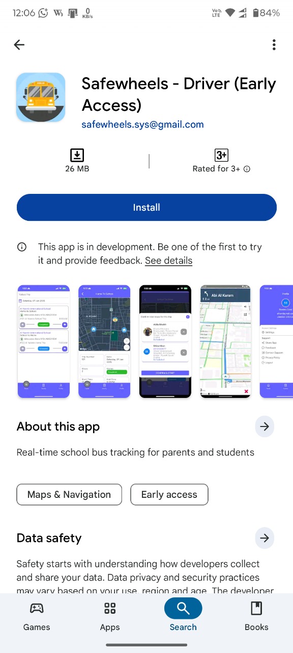 SafeWheels Driver early-access Play Store listing